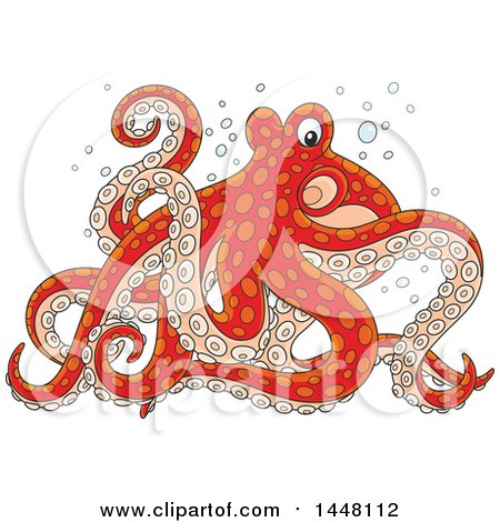 Clipart of a Cartoon Red Octopus Walking on Its Tentacles - Royalty Free Vector Illustration by Alex Bannykh