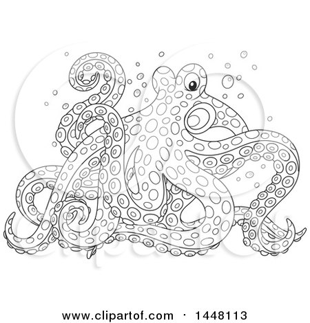 Clipart of a Cartoon Black and White Lineart Octopus Walking on Its Tentacles - Royalty Free Vector Illustration by Alex Bannykh