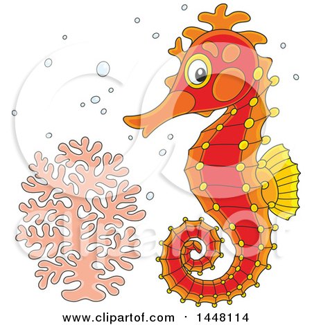 Clipart of a Cartoon Cute Red Seahorse by Coral - Royalty Free Vector Illustration by Alex Bannykh