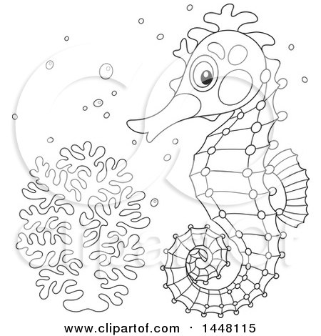 Clipart of a Cartoon Black and White Lineart Cute Seahorse by Coral - Royalty Free Vector Illustration by Alex Bannykh