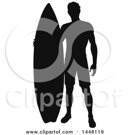 Clipart of a Black Silhouetted Male Surfer Standing with His Board - Royalty Free Vector Illustration by AtStockIllustration