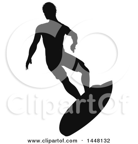 Clipart of a Black Silhouetted Man Surfing - Royalty Free Vector Illustration by AtStockIllustration