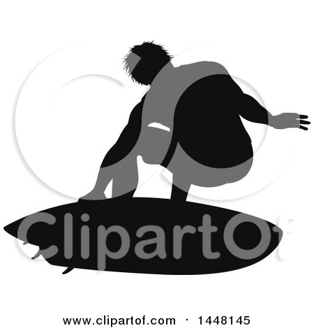 Clipart of a Black Silhouetted Man Surfing - Royalty Free Vector Illustration by AtStockIllustration