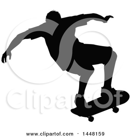Clipart of a Black Silhouetted Man Skateboarding - Royalty Free Vector Illustration by AtStockIllustration