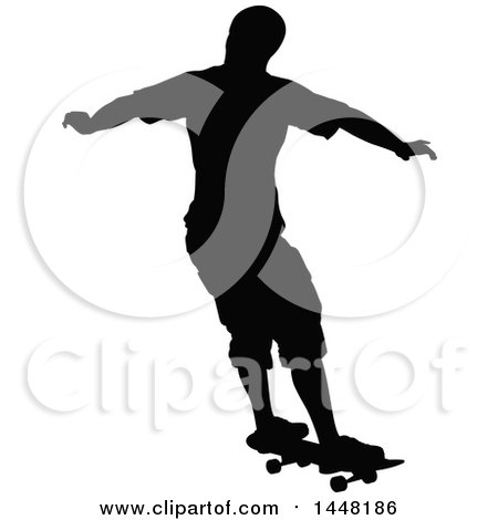 Clipart of a Black Silhouetted Man Skateboarding - Royalty Free Vector Illustration by AtStockIllustration