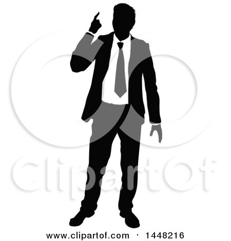 Clipart of a Black and White Silhouetted Business Man Pointing Upwards - Royalty Free Vector Illustration by AtStockIllustration