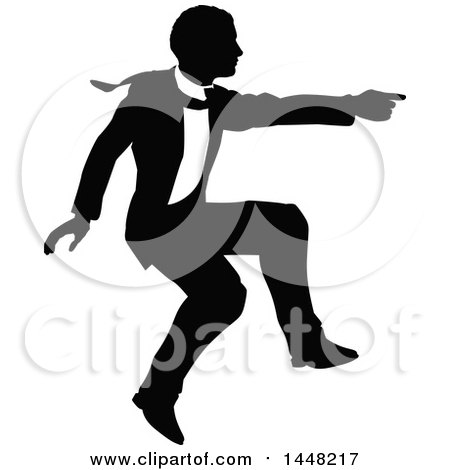 Clipart of a Black and White Silhouetted Business Man Jumping and Pointing - Royalty Free Vector Illustration by AtStockIllustration