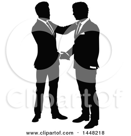 Clipart of Black and White Silhouetted Business Men Shaking Hands - Royalty Free Vector Illustration by AtStockIllustration