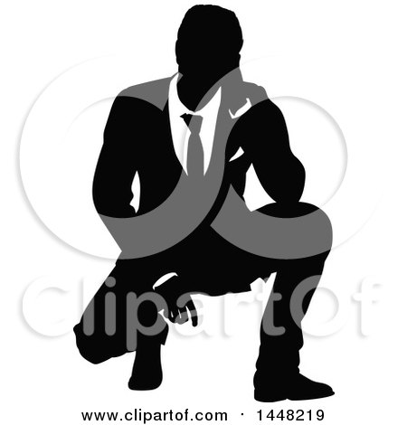 Clipart of a Black and White Silhouetted Business Man Crouching - Royalty Free Vector Illustration by AtStockIllustration