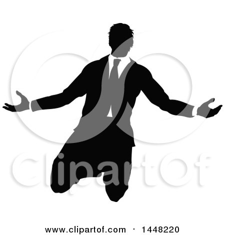 Clipart of a Black and White Silhouetted Business Man Kneeling and Worshipping - Royalty Free Vector Illustration by AtStockIllustration