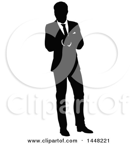 Clipart of a Black and White Silhouetted Business Man - Royalty Free Vector Illustration by AtStockIllustration