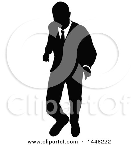 Clipart of a Black and White Silhouetted Business Man Walking - Royalty Free Vector Illustration by AtStockIllustration