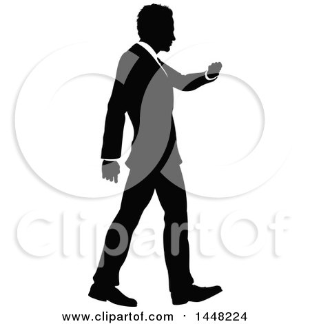 Clipart of a Black and White Silhouetted Business Man Walking and Checking His Watch - Royalty Free Vector Illustration by AtStockIllustration