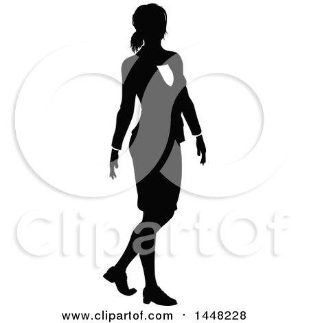 Clipart of a Black and White Silhouetted Business Woman Walking - Royalty Free Vector Illustration by AtStockIllustration