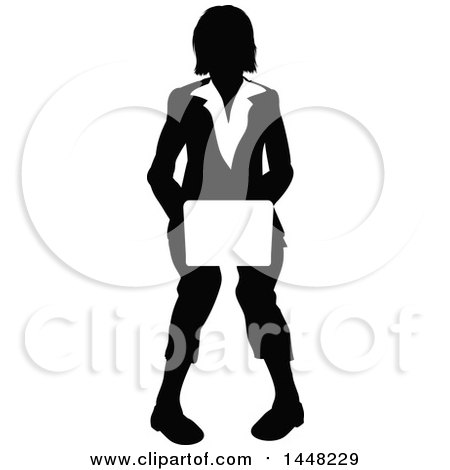 Clipart of a Black and White Silhouetted Business Woman Sitting and Using a Laptop - Royalty Free Vector Illustration by AtStockIllustration