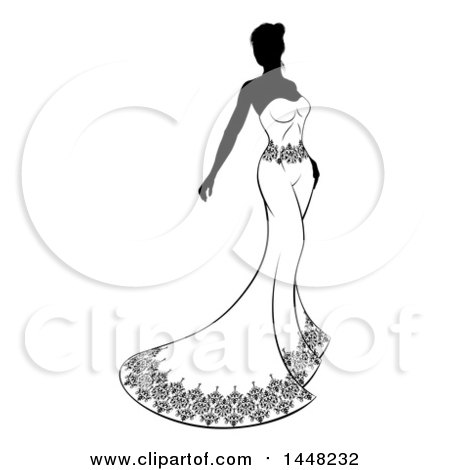 Clipart of a Silhouetted Black and White Bride in a Strapless Dress - Royalty Free Vector Illustration by AtStockIllustration