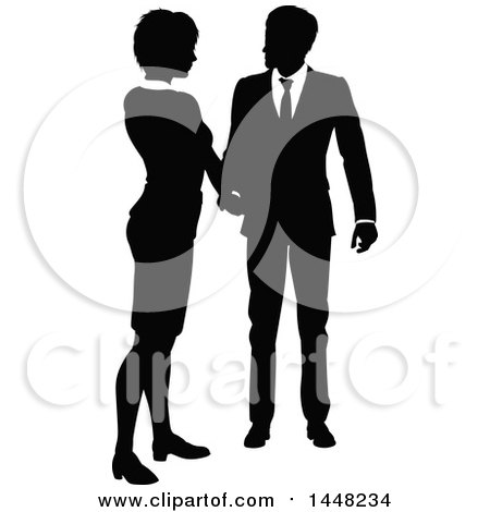 Clipart of a Black and White Silhouetted Business Woman and Man Shaking Hands - Royalty Free Vector Illustration by AtStockIllustration