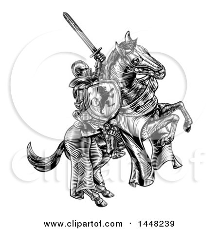 Clipart of a Black and White Etched or Woodcut Medieval Knight on a Horse, Holding a Sword and Shield - Royalty Free Vector Illustration by AtStockIllustration