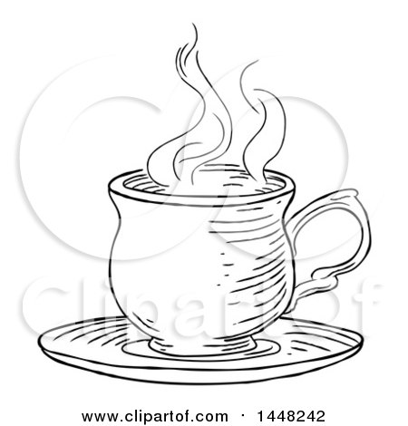 Clipart of a Black and White Vintage Engraved Cup of Hot Tea or Coffee - Royalty Free Vector Illustration by AtStockIllustration