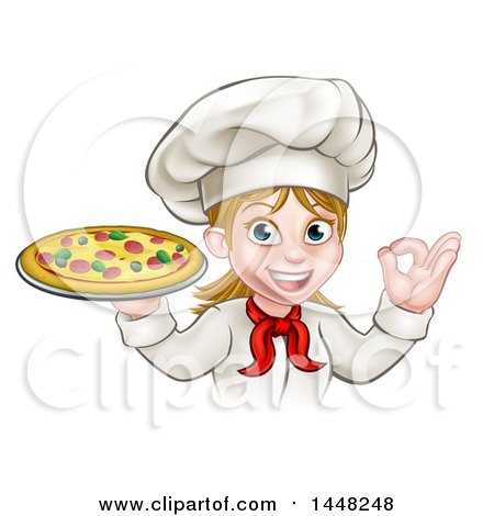 Clipart of a Cartoon Happy White Female Chef Gesturing Perfect and Holding a Pizza - Royalty Free Vector Illustration by AtStockIllustration
