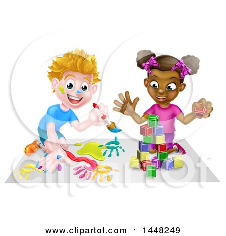 Clipart of a Cartoon Happy Black Girl Playing with Toy Blocks and White Boy Painting - Royalty Free Vector Illustration by AtStockIllustration