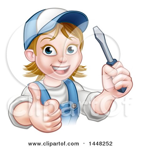 Clipart of a Cartoon Happy White Female Electrician Wearing a Cap, Holding up a Screwdriver and Giving a Thumb up - Royalty Free Vector Illustration by AtStockIllustration