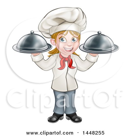 Clipart of a Cartoon Full Length Happy White Female Chef Holding Two Cloche Platters - Royalty Free Vector Illustration by AtStockIllustration