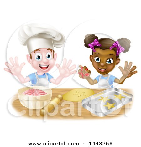 Clipart of a Happy White Boy and Black Girl Making Making Star Cookies and Frosting - Royalty Free Vector Illustration by AtStockIllustration