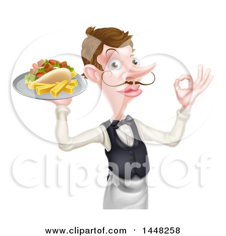 Clipart of a Cartoon Caucasian Male Waiter with a Curling Mustache, Holding a Kebab Sandwich and Fries on a Tray and Gesturing Okay - Royalty Free Vector Illustration by AtStockIllustration
