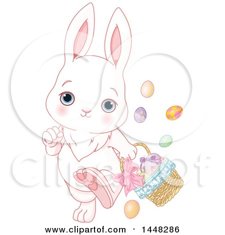 Clipart of a Cute Easter Bunny Rabbit Walking with a Basket and Eggs Falling out - Royalty Free Vector Illustration by Pushkin