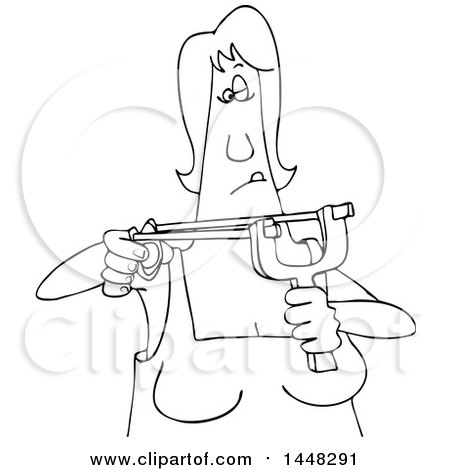 Clipart of a Cartoon Black and White Lineart Woman Aiming a Sling Shot - Royalty Free Vector Illustration by djart