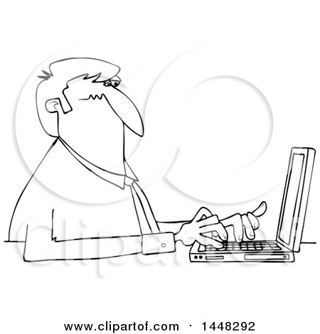 Clipart of a Cartoon Black and White Lineart Business Man Typing on a Laptop Computer - Royalty Free Vector Illustration by djart