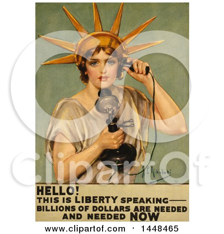 Vintage Illustration of the Statue of Liberty Using a Phone by JVPD