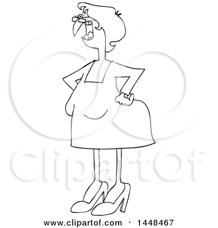Clipart of a Cartoon Black and White Lineart Old Woman Shouting and Standing with Her Hands on Her Hips - Royalty Free Vector Illustration by djart