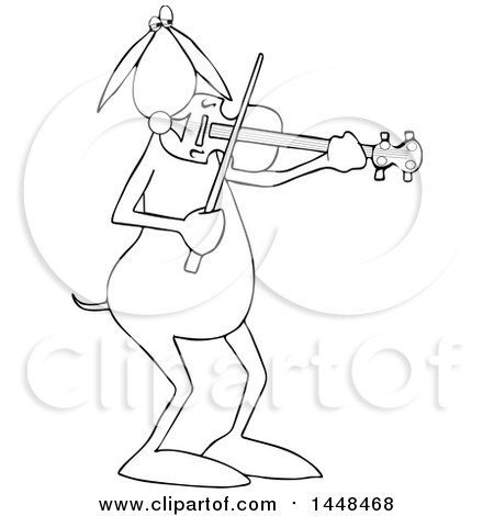 Clipart of a Cartoon Black and White Lineart Dog Musician Playing a Violin - Royalty Free Vector Illustration by djart