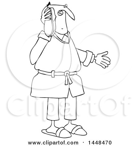 Clipart of a Cartoon Black and White Lineart Man Talking Through a Shoe As if It Were a Telephone - Royalty Free Vector Illustration by djart