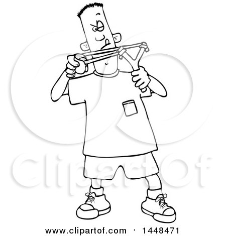 Clipart of a Cartoon Black and White Lineart Boy Aiming a Slingshot - Royalty Free Vector Illustration by djart