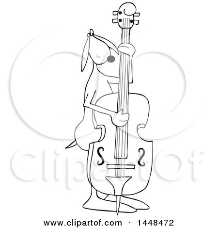 Clipart of a Cartoon Black and White Lineart Dog Musician Playing a Double Bass - Royalty Free Vector Illustration by djart