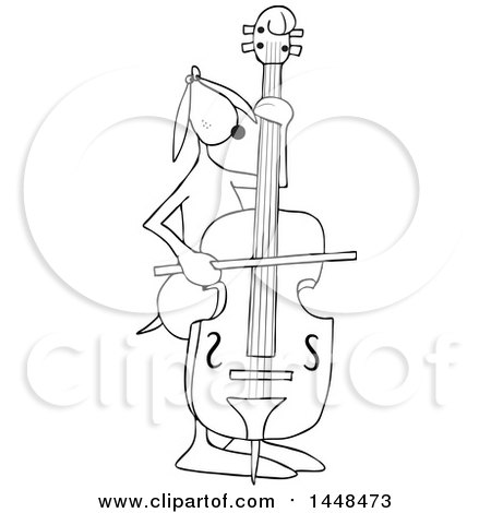 Clipart of a Cartoon Black and White Lineart Dog Musician Playing a Bass Fiddle - Royalty Free Vector Illustration by djart