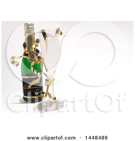 Clipart of a 3d Champagne Bottle and Wind Glass with Ribbons, on a Shaded Background - Royalty Free Vector Illustration by dero