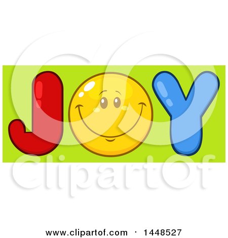 Clipart of a Cartoon Happy Smiley Face Emoji in the Word JOY over Green - Royalty Free Vector Illustration by Hit Toon