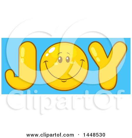 Clipart of a Cartoon Happy Smiley Face Emoji in the Word JOY over Blue - Royalty Free Vector Illustration by Hit Toon