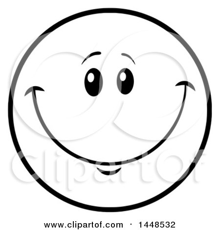 Clipart of a Cartoon Black and White Lineart Happy Smiley Face Emoji - Royalty Free Vector Illustration by Hit Toon