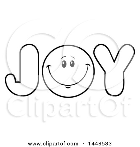 Clipart of a Cartoon Black and White Lineart Happy Smiley Face Emoji in the Word JOY - Royalty Free Vector Illustration by Hit Toon
