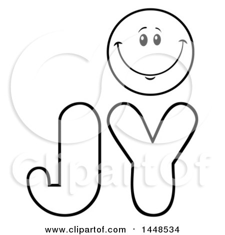 Clipart of a Cartoon Black and White Lineart Happy Smiley Face Emoji in the Word Joy - Royalty Free Vector Illustration by Hit Toon