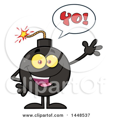 Clipart of a Cartoon Waving Bomb Mascot Character with Legs and Arms, with Yo Text - Royalty Free Vector Illustration by Hit Toon