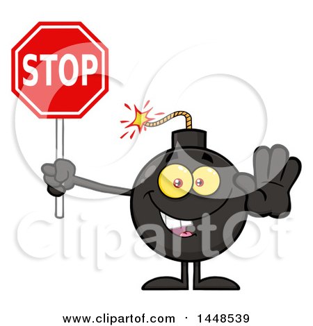 Clipart of a Cartoon Bomb Mascot Character with Legs and Arms, Holding a Stop Sign - Royalty Free Vector Illustration by Hit Toon