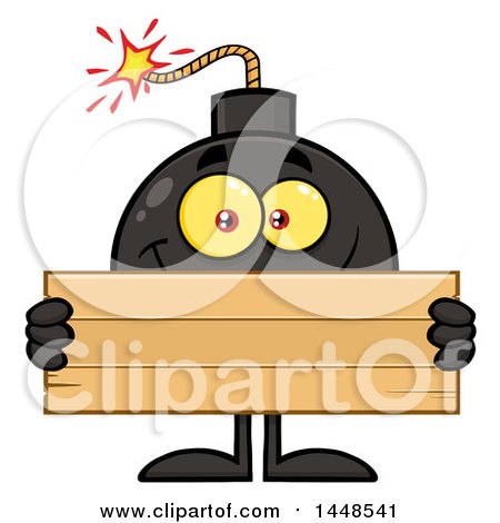 Clipart of a Cartoon Bomb Mascot Character with Legs and Arms, Holding a Blank Sign - Royalty Free Vector Illustration by Hit Toon