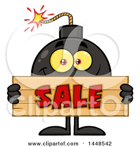 Clipart of a Cartoon Bomb Mascot Character with Legs and Arms, Holding a Sale Sign - Royalty Free Vector Illustration by Hit Toon