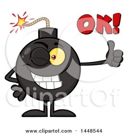 Clipart of a Cartoon Bomb Mascot Character with Legs and Arms, Giving a Thumb up with Ok Text - Royalty Free Vector Illustration by Hit Toon